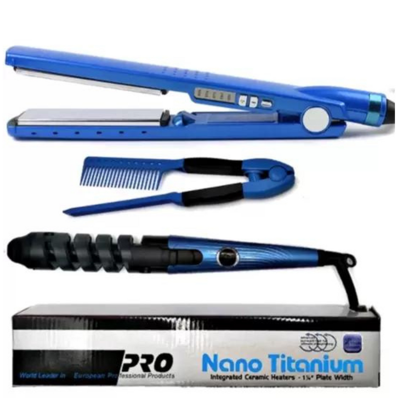 Combo Nano Titanium 3 en 1 Plancha Digital Profesional + Rizador Curl Perfect + Peine Profesional